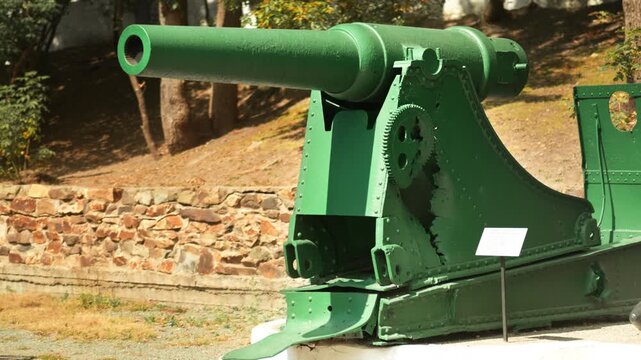 Obsolete, abandoned, and rusty combat guns stand amidst the natural landscape. A graveyard of weaponry. An echo of war. The aftermath of war.