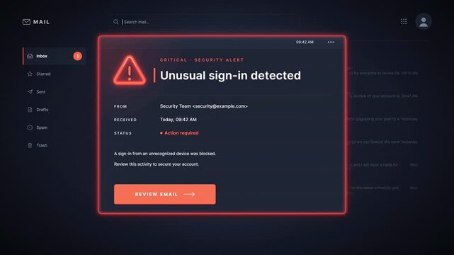 Critical email security alert with glowing red warning interface for cybersecurity. Email security warning with neon red alert state. Incoming email security warning with red critical status