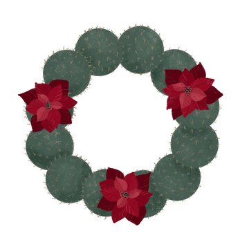 Christmas wreath made of prickly pear cactus pads decorated with red poinsettia flowers isolated on white background