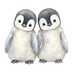 Fototapeta premium Two Baby Penguin Chicks Side By Side Watercolor Illustration