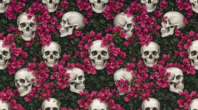 Seamless pattern of skulls intertwined with vibrant pink roses on a dark background