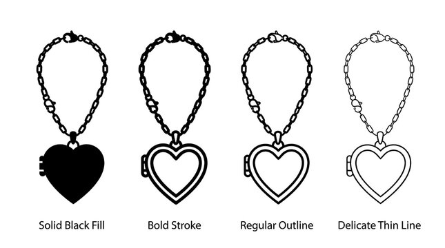 Four heart locket necklace icons with different line weights.