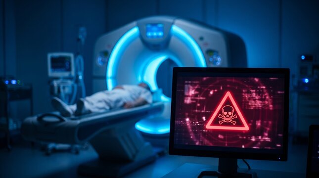 Hospital computer showing skull warning near mri scanner room.