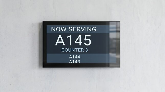 Modern digital display showing current queue number A145 at Counter 3, indicating efficient customer service flow and waiting line management system