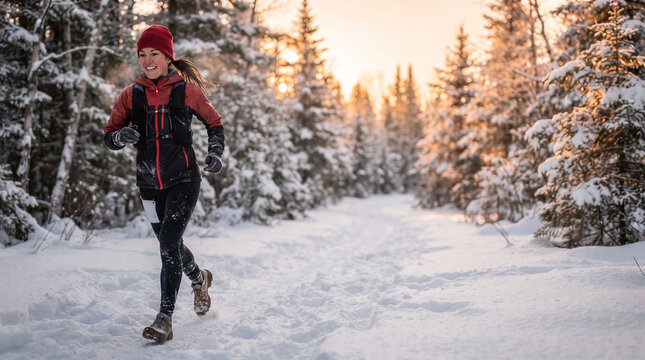 Woman trail running in snowy forest at golden hour