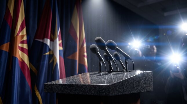 Microphones on a press podium with Arizona state flags and camera flash lights in the background
