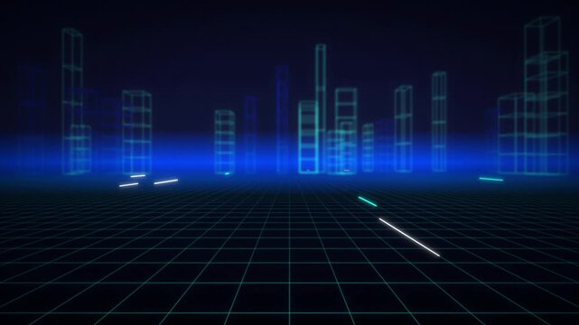 Wireframe city skyline grid synthwave seamless loop background