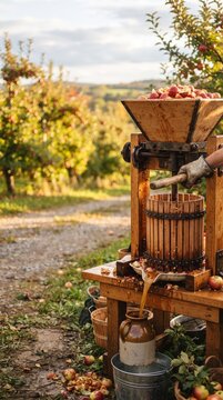 Apple press in operation at an orchard during harvest season