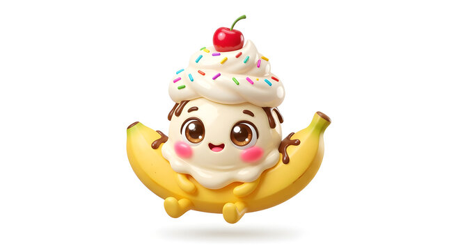 Cute Kawaii Banana Split Ice Cream Character with Cherry and Sprinkles