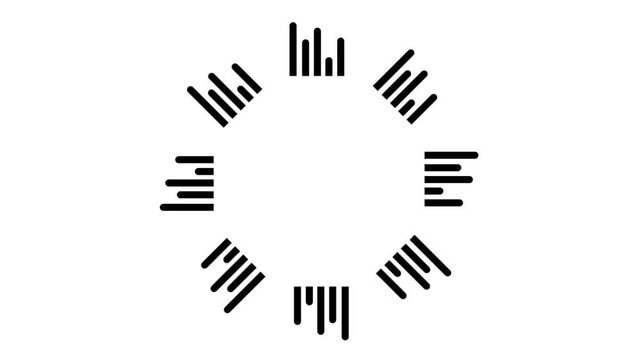 Black circular pattern of radial line bars arranged in a ring, ideal for loading spinner, sound wave, countdown, radar effect, and motion overlay