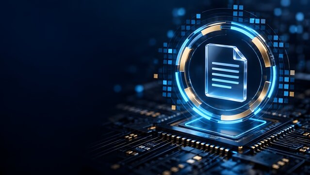 Digital document icon on futuristic circuit board with glowing blue and gold digital interface representing data management and technology