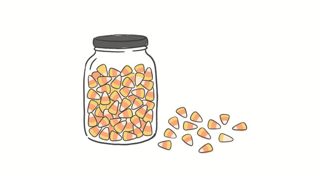Hand-drawn glass jar filled with Halloween candy corn sweets, simple digital illustration of autumn treats on white