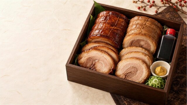 チャーシューの断面を見せた木箱入り肉ギフト