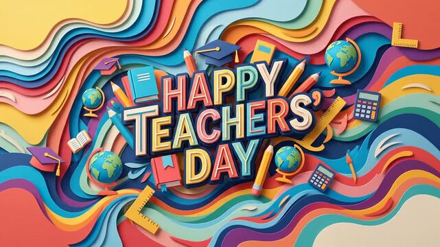 Colorful paper craft animation background for teachers day celebration with school supplies