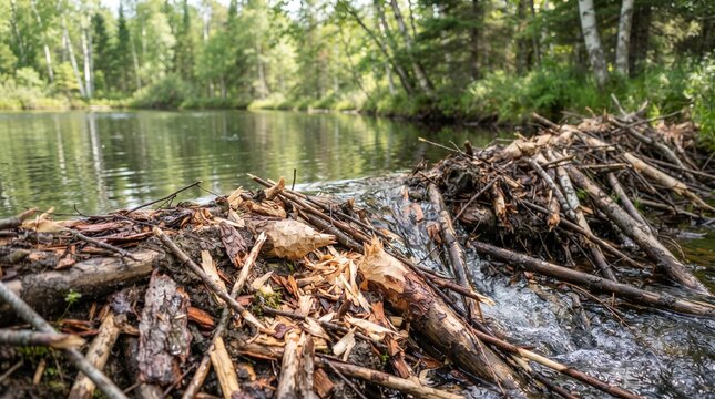 Beaver dam made of branches and mud blocking a flowing stream in forest