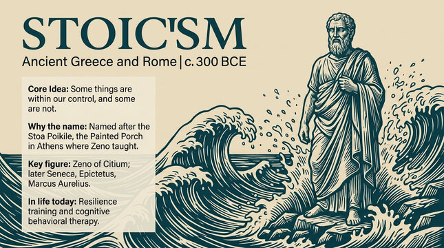 Engraving illustration of an ancient bearded philosopher standing stoically on a crashing wave against a stylized sea background