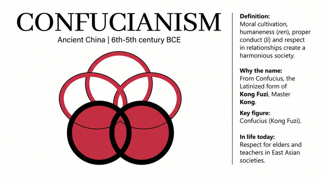 Vibrant red overlapping circles illustrating the concept of Confucianism from Ancient China, set against white background with detailed text overlay
