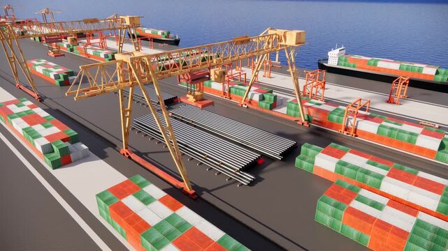 Aerial View of a Busy Port Terminal with Gantry Cranes, Cargo Containers, and Steel Pipes Storage