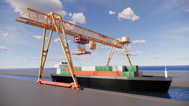 Large Gantry Crane Loading Cargo Containers on a Ship at a Port Terminal Under a Blue Sky
