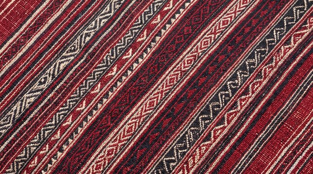 Hyper-realistic studio overhead 1:1 of Batak Ulos Ragduhi in deep crimson red, black and cream white traditional geometric woven patterns &mdash; sacred Batak ulos as extraordinary studio photography.