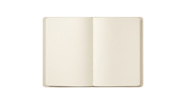 Open blank softcover notebook with smooth cream pages on a pure solid white background