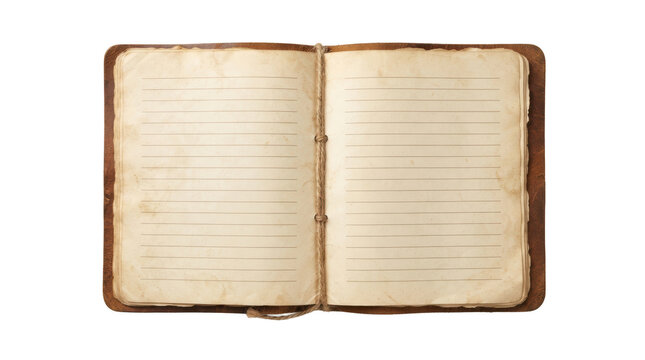 Open vintage leather-bound notebook with lined aged paper pages tied with rustic twine