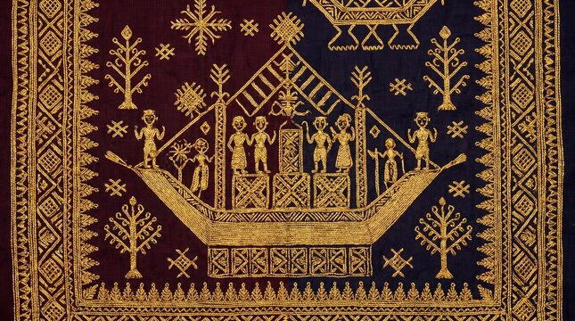 Hyper-realistic studio overhead 1:1 of Lampung Tapis with sacred golden ship motif and ancestor figures in gold embroidery on deep wine red &mdash; extraordinary Lampung studio photography.