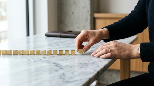 Person setting up a row of small wooden blocks on a marble table for a domino effect concept