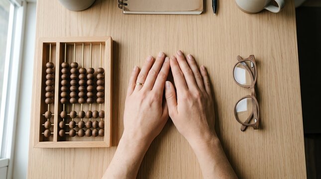 Top View of Woman Hands Resting on Wooden Desk with Vintage Abacus and Glasses for Productive Work Session Concept
