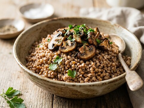 Healthy cooked buckwheat with fried mushrooms and fresh green herbs in a green ceramic serving bowl. 
 