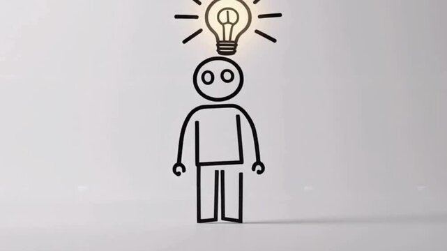 Clean minimalist stick figure animation of insight realization, centered on white