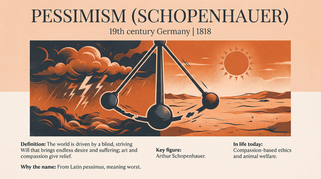 Vintage illustration of the scales of justice balancing over a desolate orange landscape under a setting sun, symbolizing pessimism and suffering.