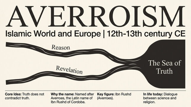 Diagram illustrating the philosophical relationship between Reason and Revelation, leading to The Sea of Truth, with text overlay detailing Averroism in Islamic World and Europe