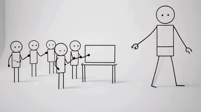 Clean minimalist stick figure animation of manager guiding team, white background