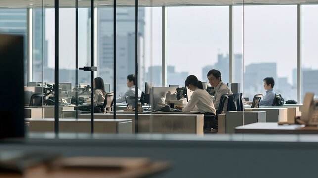 Modern open plan office with business professionals working at desks beside windows and city skyline
