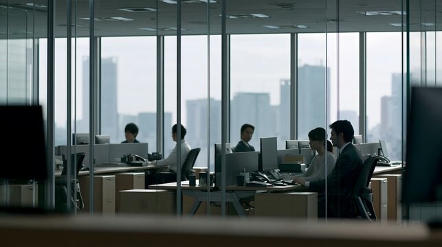 Modern open plan office with business professionals working at desks beside windows and city skyline