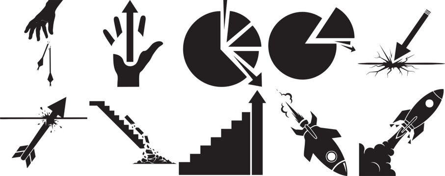 Set of icons depicting growth and decline progress and setbacks pie chart progress footprint