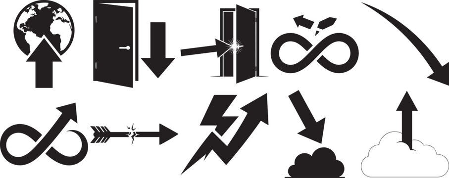 Collection of business concept icons including globe growth infinity arrow lightning bolt