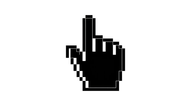 Pixelated black hand cursor icon pointing up, isolated on white background