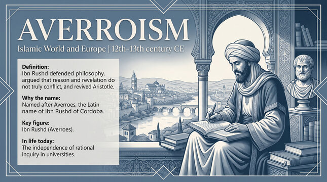 Engraving illustration of Ibn Rushd the philosopher seated in traditional attire overlooking a historical European city skyline under bright daylight