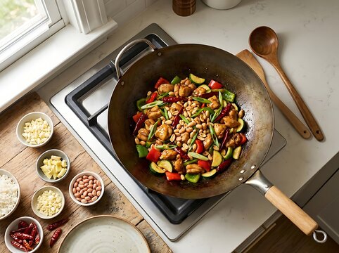 Stir fry chicken with vegetables and peanuts cooking in a hot wok on a kitchen stove. kung pao chicken