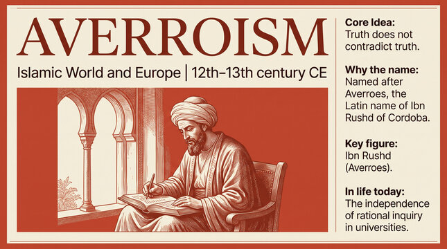 Portrait of Ibn Rushd the philosopher seated in an arched interior setting, reading a book with warm directional light highlighting his beard and turban.