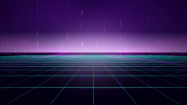 Synthwave horizon grid and digital code falling seamless loop