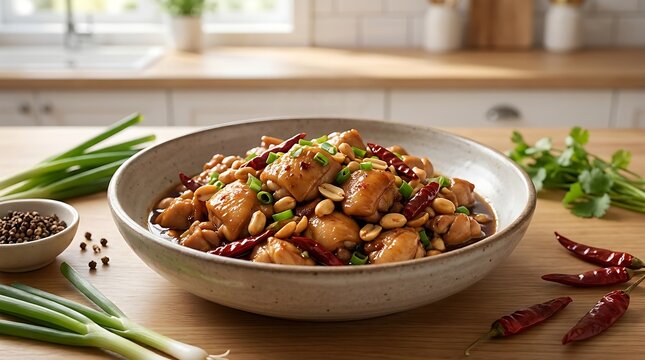 Delicious kung pao chicken dish with peanuts and chili peppers served in a bowl on a wooden table. kung pao chicken