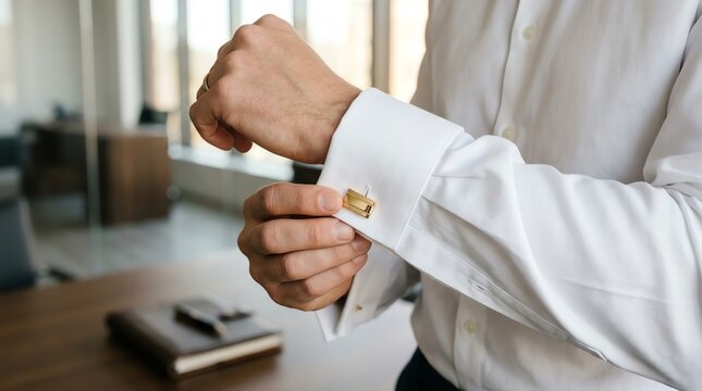 Man wearing a white dress shirt and gold cufflinks in a modern office setting