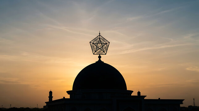 Silhouette of a mosque dome against a dramatic sunset sky
