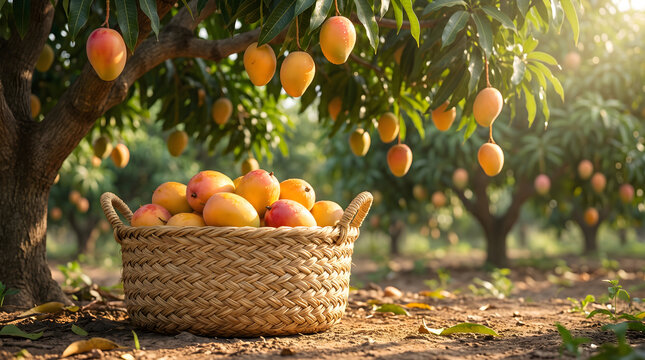 A basket of fresh ripe mangoes sitting on the ground in a vibrant mango orchard with trees hanging full of fruit