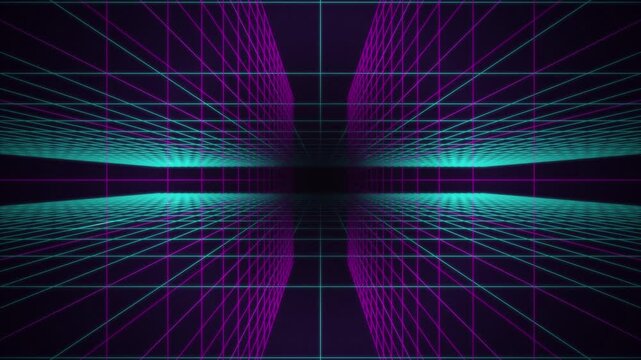 Neon cyan wireframe grid tunnel seamless loop motion background