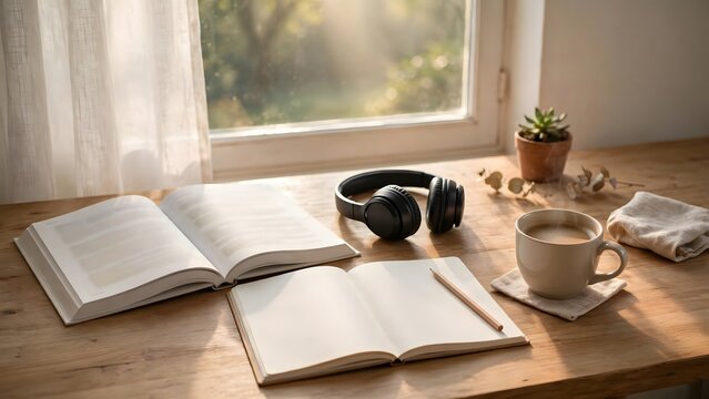 Everyday study objects make the scene suitable for concepts involving education, self learning, and language practice