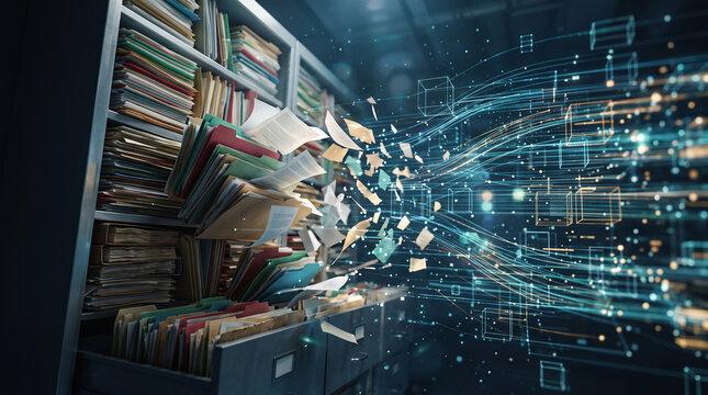Conceptual digital transformation of physical paper files flying out of archive folders on shelves and converting into glowing high-tech data streams and abstract holographic cubes in a dark room.